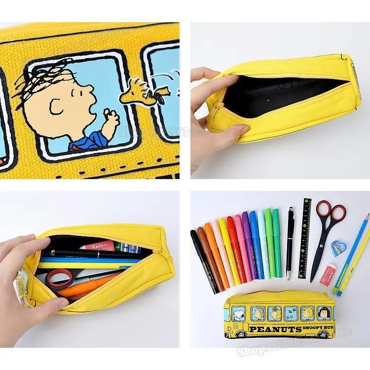 Cartoon Snoopy Canvas Pencilcase for Students Stationary School Office Supplies Large Capacity Puppy Bus Square Cute Pencil Bags
