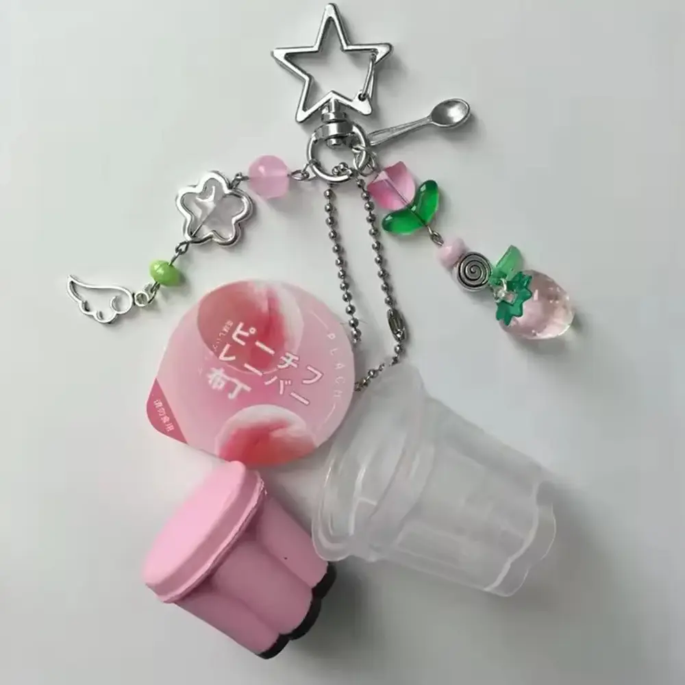 Japanese Pudding Keychain Pink Yellow Egg Flan Charm Y2K Heisei Retro Aesthetic Beaded Cosplay Accesseries