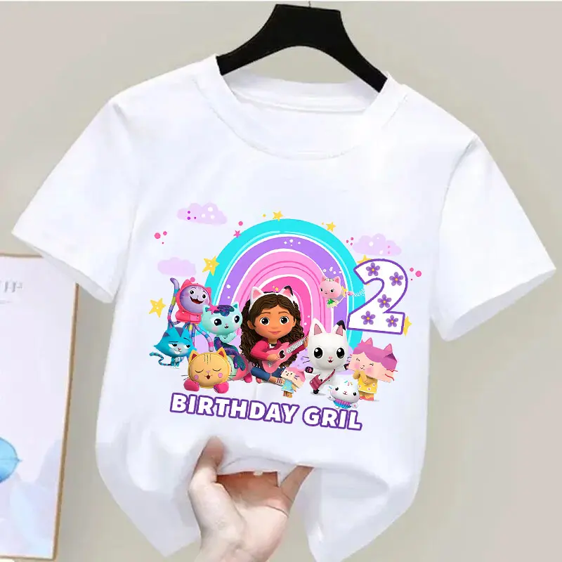 Gabby Dollhouse Children Birthday T-Shirts Cartoon Summer Girls T Shirt Numbers Clothes Round Neck Animal White Shirts Tops Gift