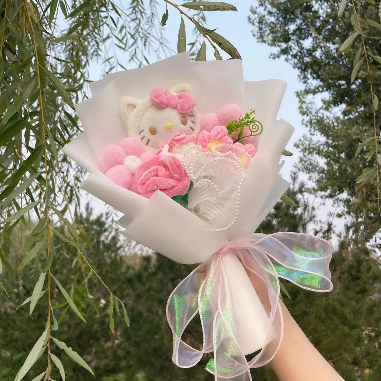 My Melody Kuromi Cinnamoroll Kt Cat Plush Doll Toy With Flowers Creative Handmade Bouquet Valentine Christmas Graduation Gifts