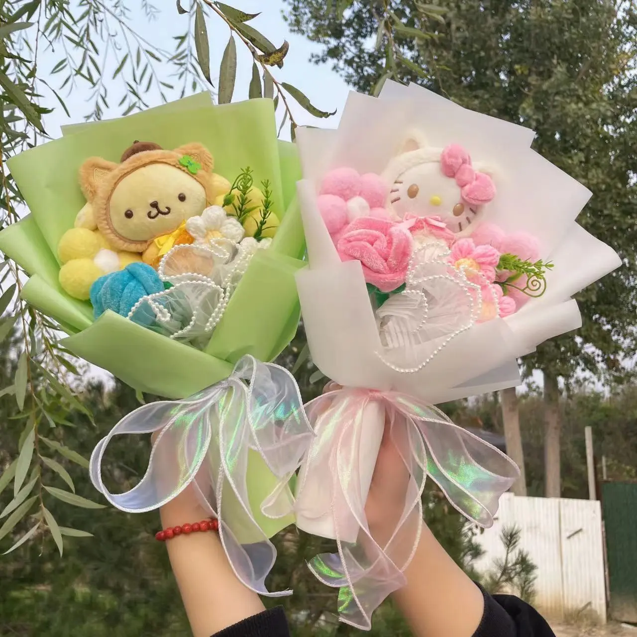 My Melody Kuromi Cinnamoroll Kt Cat Plush Doll Toy With Flowers Creative Handmade Bouquet Valentine Christmas Graduation Gifts