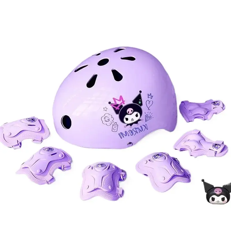 Kawaii Kuromi roller skating protective gear Sanrio children's cute skateboard anti-fall knee pads helmet protective set gift