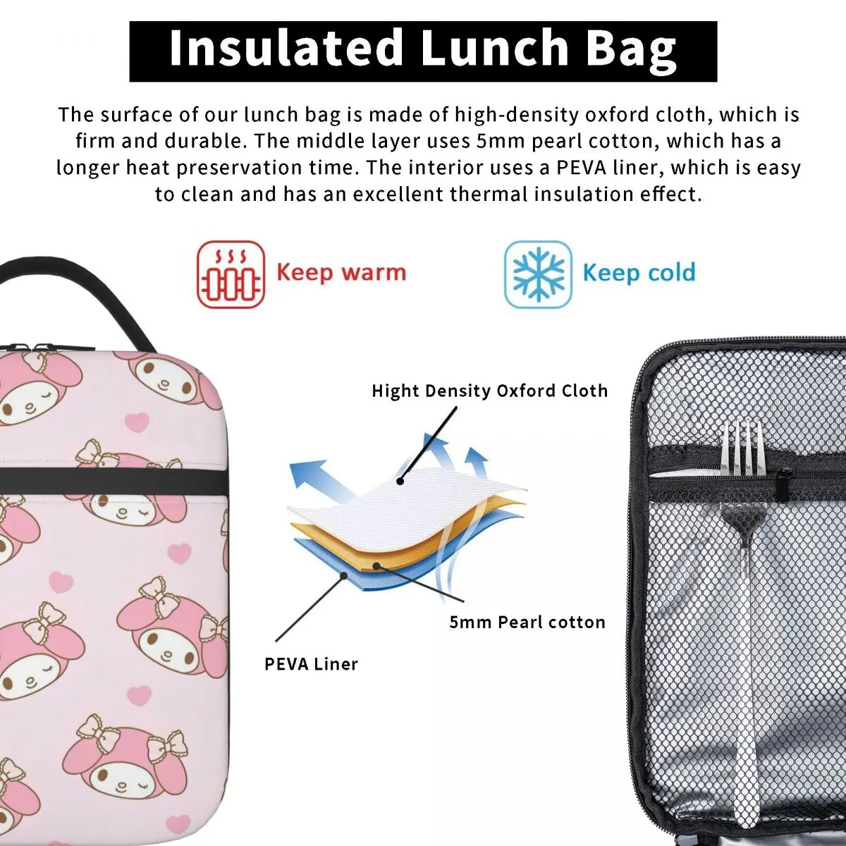 Kawaii My Melody Accessories Insulated Lunch Bags For School Anime Food Container Portable Cooler Thermal Lunch Boxes