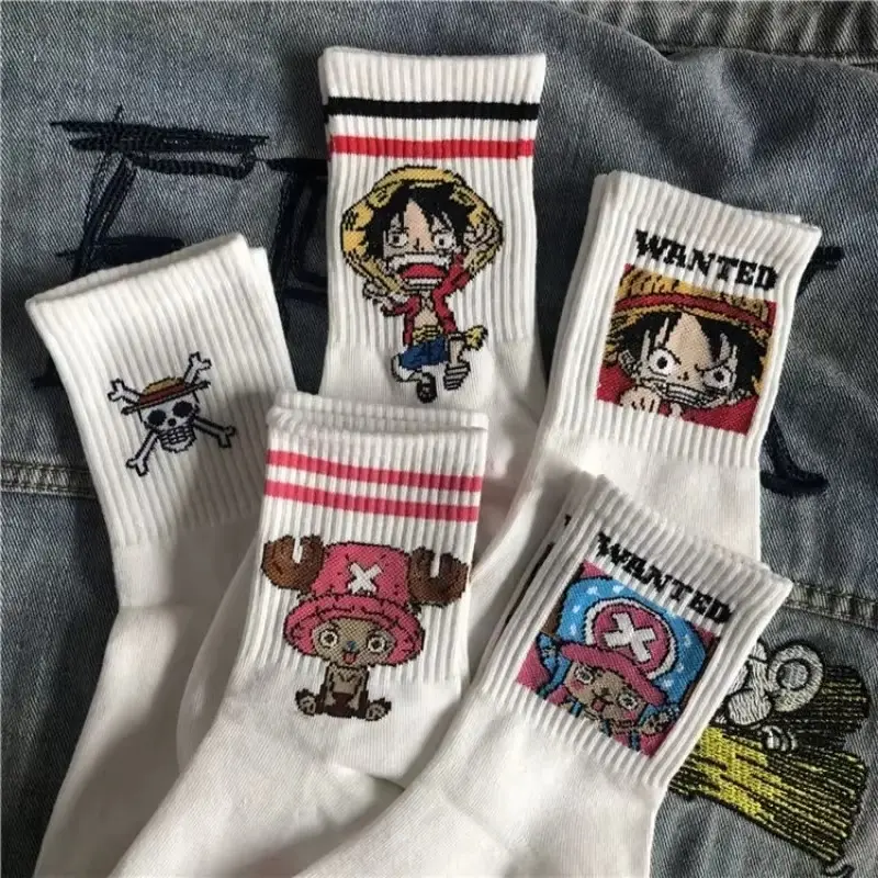 5pair Anime One Piece Socks Cartoon Luffy Chopper Student Cotton White Middle Socks Breathable Soft Printed Knitted Socks Gift