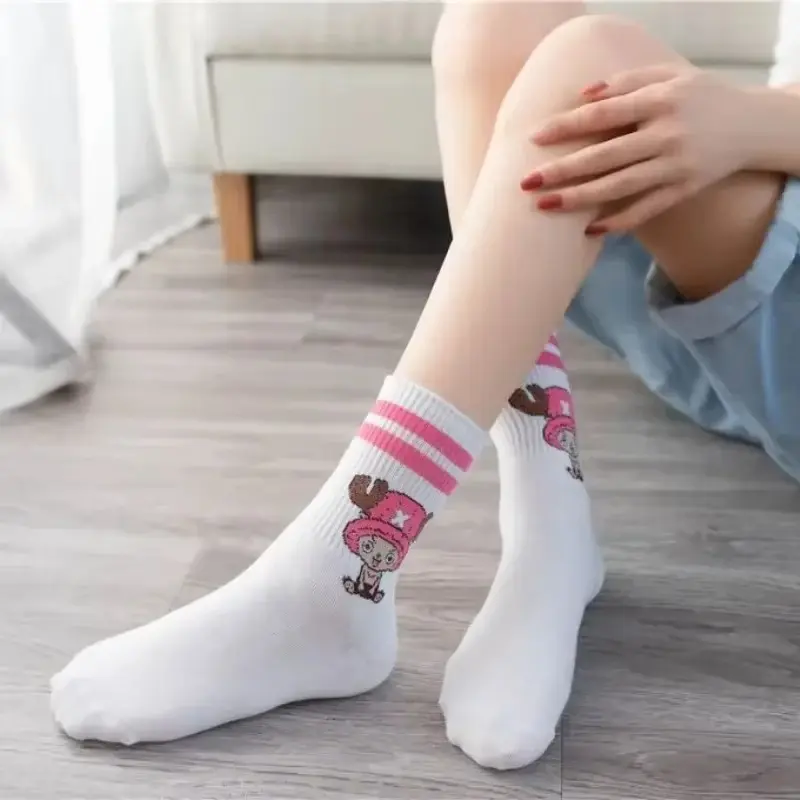 5pair Anime One Piece Socks Cartoon Luffy Chopper Student Cotton White Middle Socks Breathable Soft Printed Knitted Socks Gift