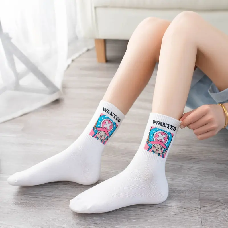 5pair Anime One Piece Socks Cartoon Luffy Chopper Student Cotton White Middle Socks Breathable Soft Printed Knitted Socks Gift