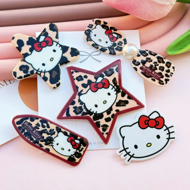 5pcs Cute Retro Leopard Print Hellokitty Series Acrylic Flatback Charms for DIY Accessories Sweet Girl Pentagram Accessories