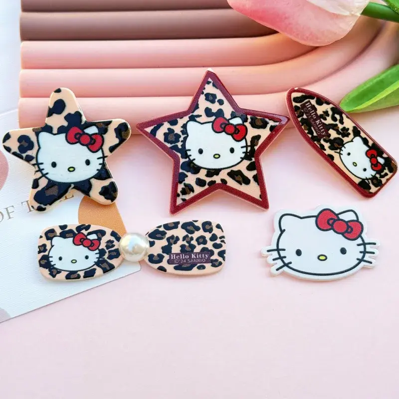 5pcs Cute Retro Leopard Print Hellokitty Series Acrylic Flatback Charms for DIY Accessories Sweet Girl Pentagram Accessories
