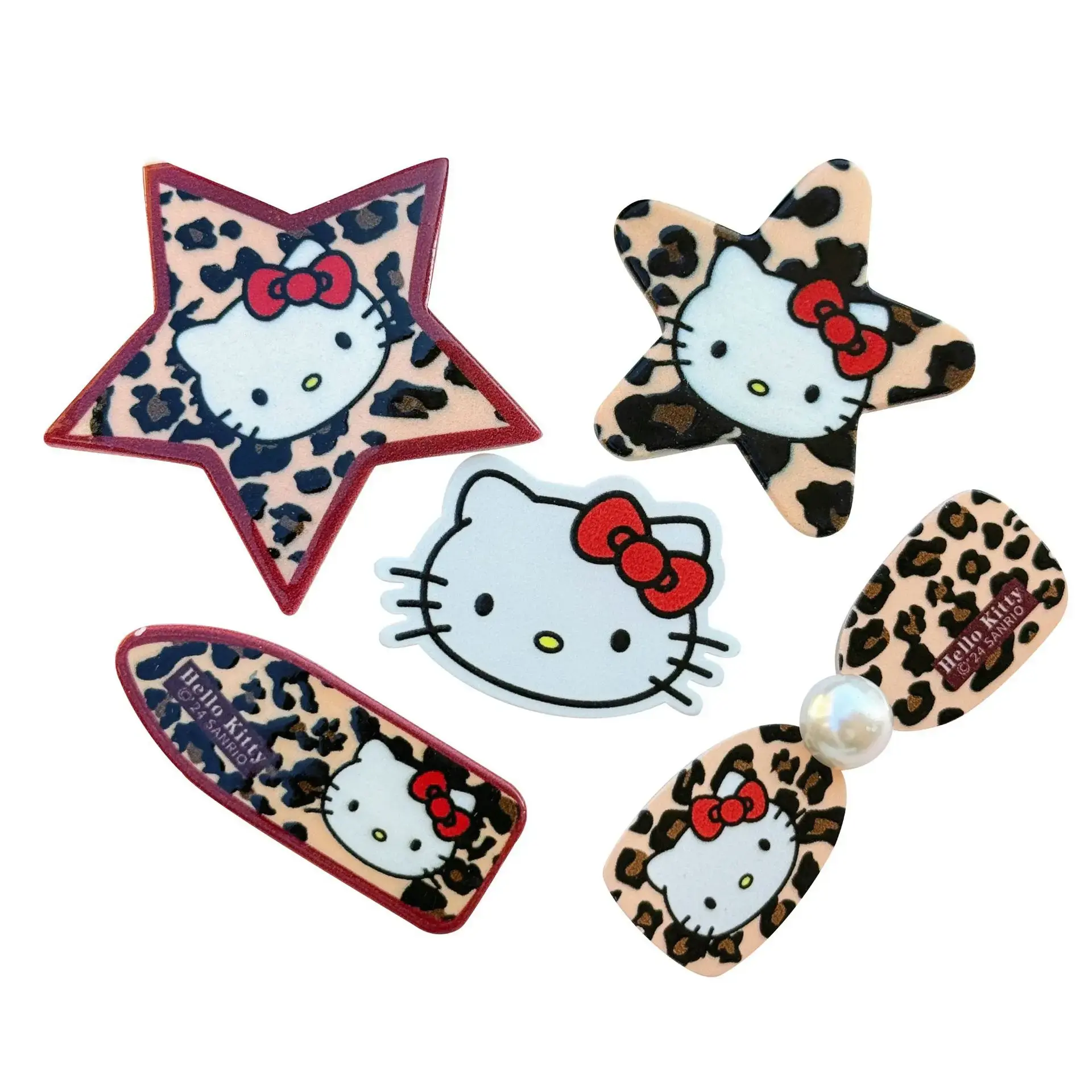 5pcs Cute Retro Leopard Print Hellokitty Series Acrylic Flatback Charms for DIY Accessories Sweet Girl Pentagram Accessories