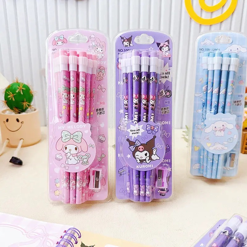 12pcs Anime Sanrio Kuromi My Melody Pencil Figure Cartoon Pencil Kawaii Cinnamoroll Student Stationery Kids Birthday Party Gifts