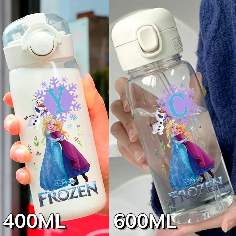 Frozen A-Z Letter Childrens Large Capacity 400ML/600ML Anime Straw Plastic Water Bottle Portable Transparent Drinking Water Cup