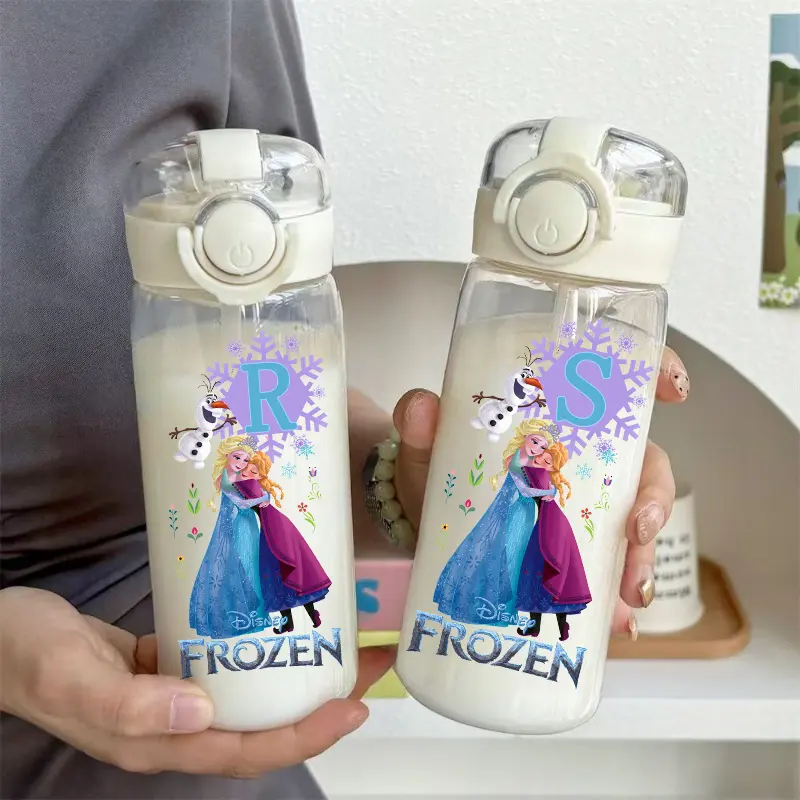 Frozen A-Z Letter Childrens Large Capacity 400ML/600ML Anime Straw Plastic Water Bottle Portable Transparent Drinking Water Cup