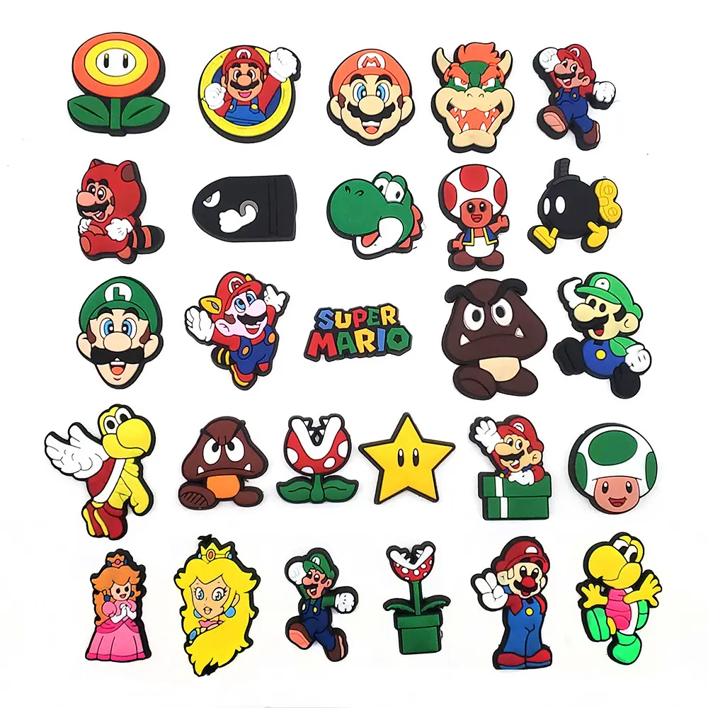27Pcs Mario Series Shoe Charms for Clogs Bubble Slides Sandals PVC Shoe Decorations Cute Buckle Accessories for Kid's Gift