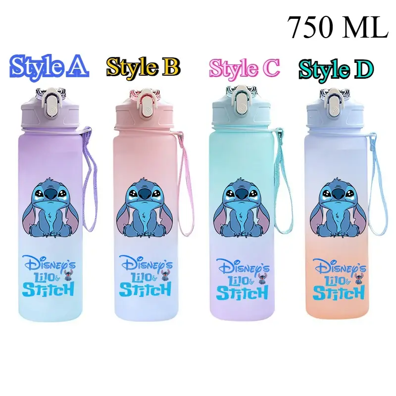 750Ml Disney Lilo Stitch Plastic Gradient Color Straw Water Cup Sport Water Bottle High Value Outdoor Large Capacity Camp Drink