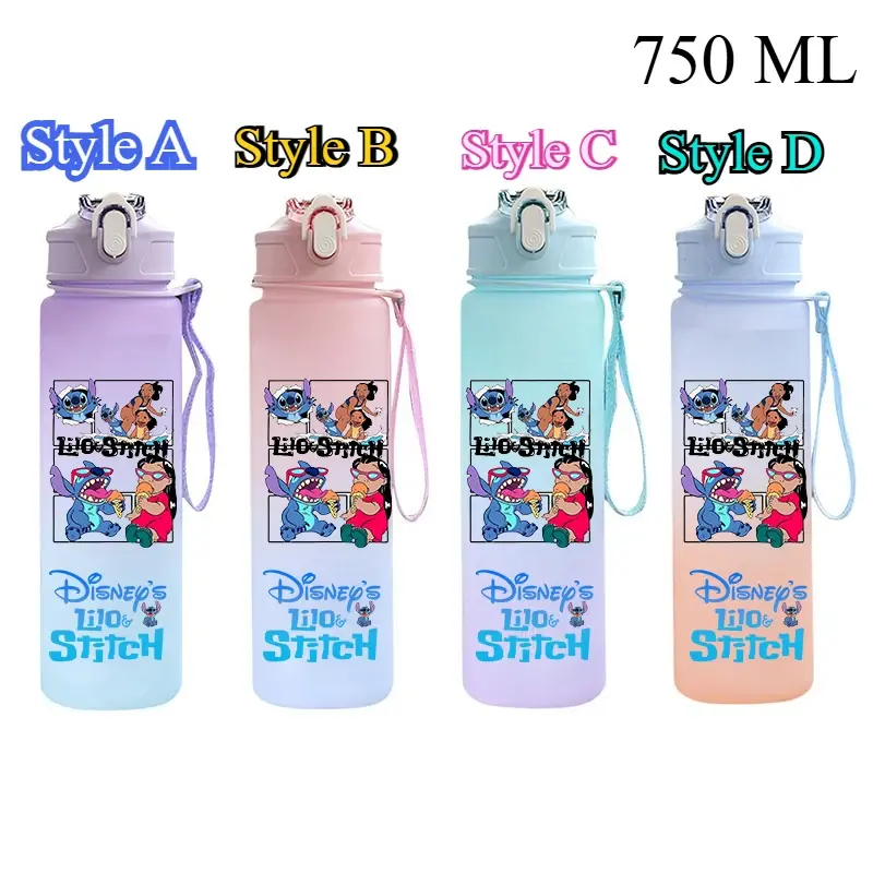 750Ml Disney Lilo Stitch Plastic Gradient Color Straw Water Cup Sport Water Bottle High Value Outdoor Large Capacity Camp Drink