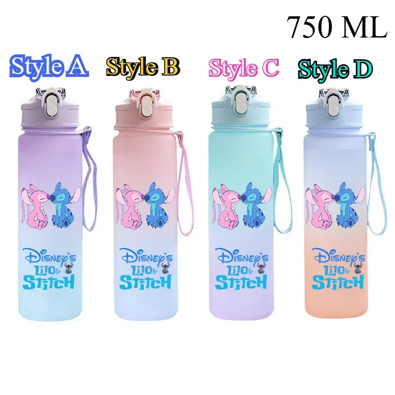 750Ml Disney Lilo Stitch Plastic Gradient Color Straw Water Cup Sport Water Bottle High Value Outdoor Large Capacity Camp Drink