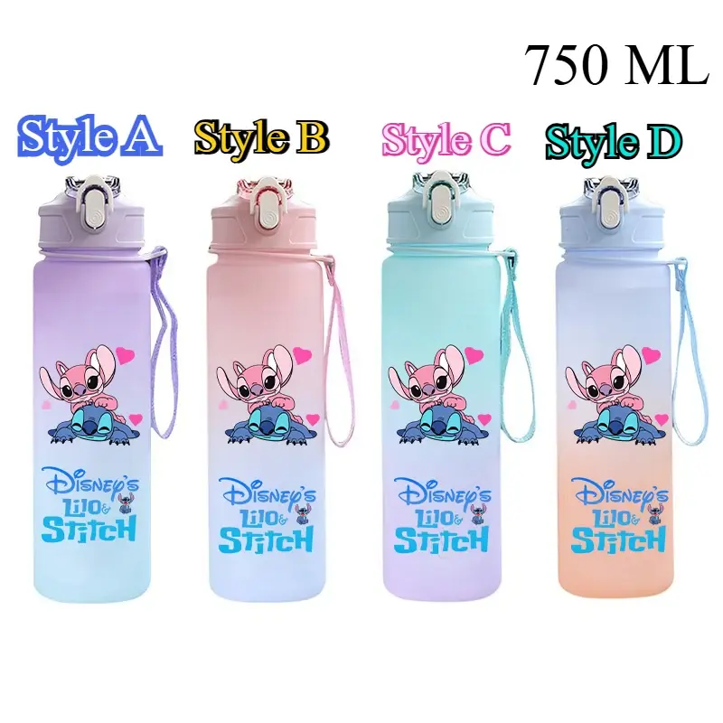 750Ml Disney Lilo Stitch Plastic Gradient Color Straw Water Cup Sport Water Bottle High Value Outdoor Large Capacity Camp Drink