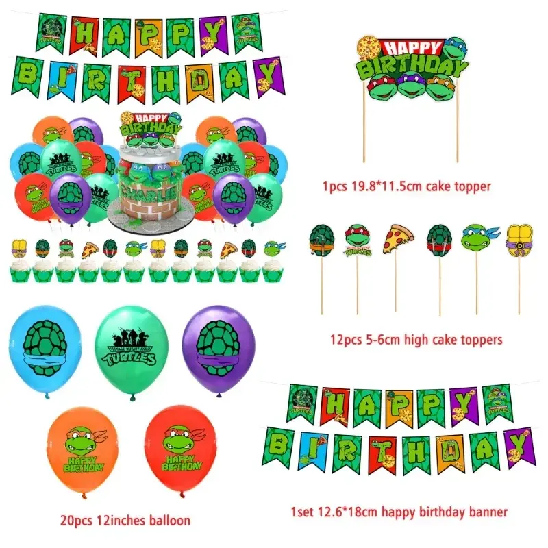 TMNT Ninja Turtles Napkin Happy Birthday Confetti Latex Balloons Birthday Party Decorations  Banner Kids Cake Flag Boys Party