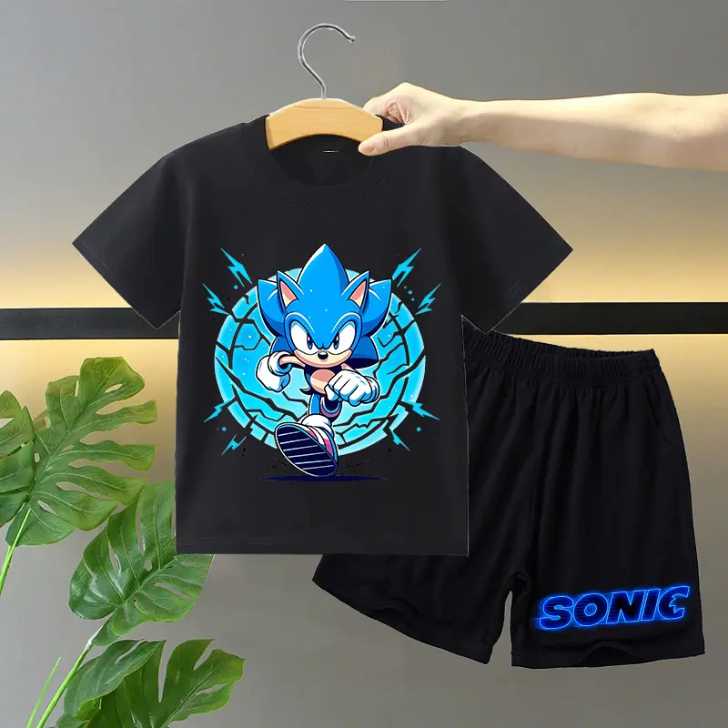 2pcs New Sonics T-shirt Shorts Set for Children Anime Cartoon Fashion Short Sleeved Shorts Suit Boys Girls Summer Clothes Suits