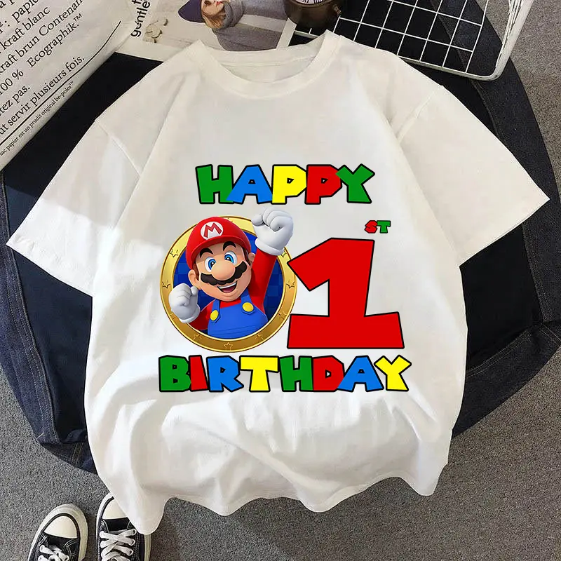 Super Mario White T-Shirt Kids Birthday T Shirt Mario Bros Cotton Cute Girl Summer Clothes Baby Boy Cartoons Tee Game Letter Top