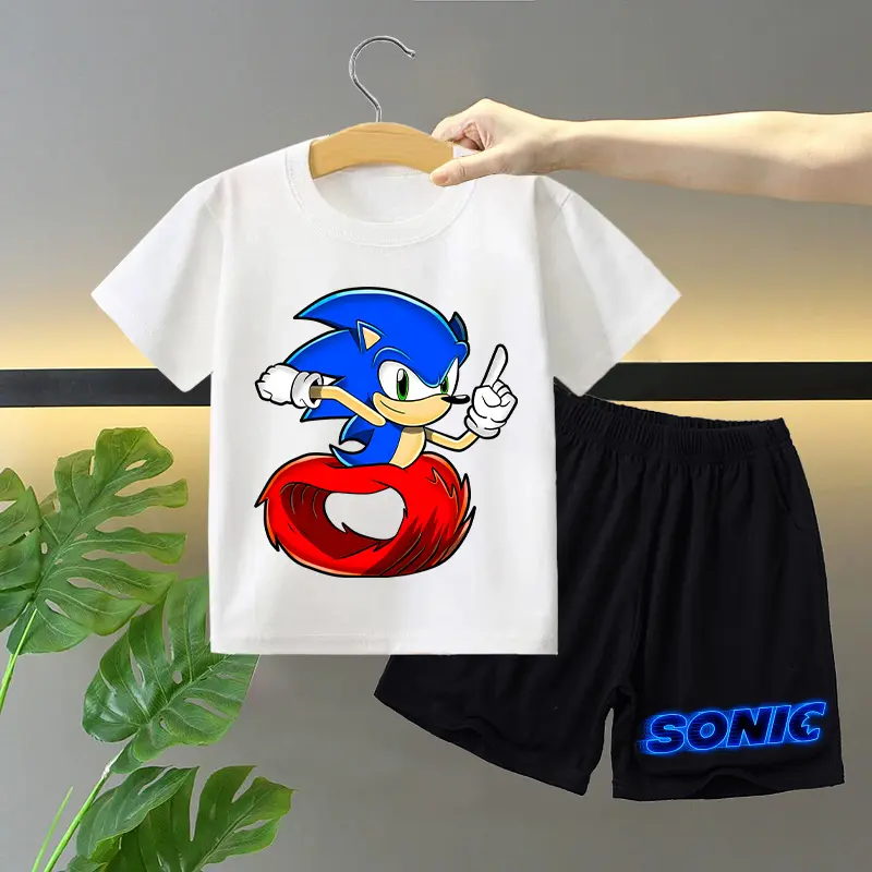 2pcs New Sonics T-shirt Shorts Set for Children Anime Cartoon Fashion Short Sleeved Shorts Suit Boys Girls Summer Clothes Suits