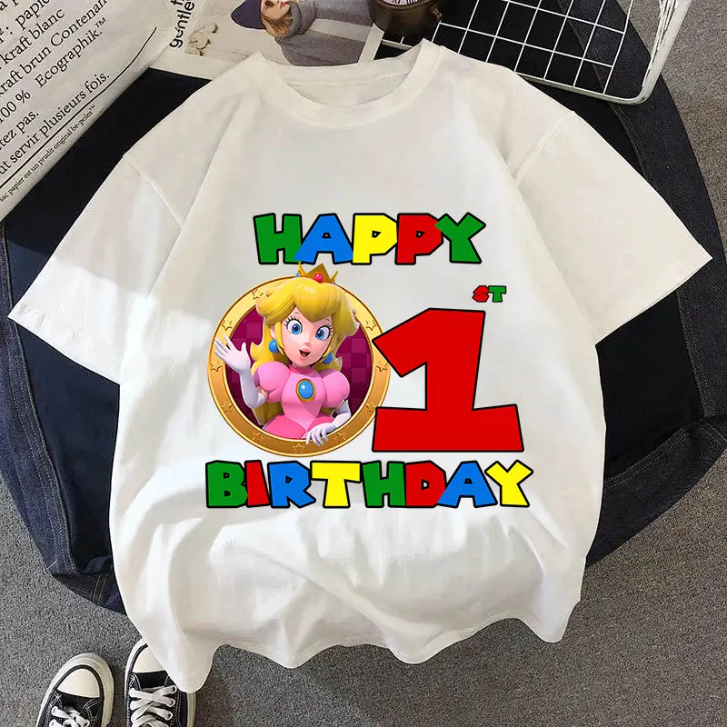 Super Mario White T-Shirt Kids Birthday T Shirt Mario Bros Cotton Cute Girl Summer Clothes Baby Boy Cartoons Tee Game Letter Top