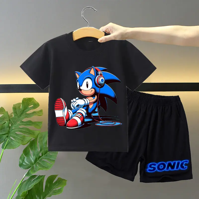 2pcs New Sonics T-shirt Shorts Set for Children Anime Cartoon Fashion Short Sleeved Shorts Suit Boys Girls Summer Clothes Suits