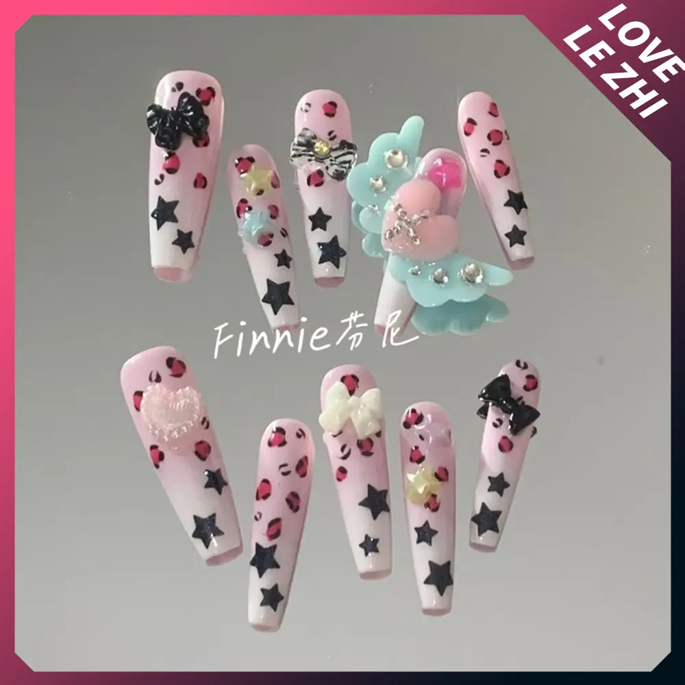 Y2K 10Pcs Long Coffin Tip Shaped Full Cover Art Nail Spice Girl Leopard Print Bowknot Shining Diamond Heavy Metal Fake Nails