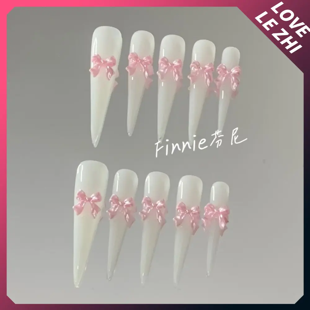 Y2K 10Pcs Long Coffin Tip Shaped Full Cover Art Nail Spice Girl Leopard Print Bowknot Shining Diamond Heavy Metal Fake Nails