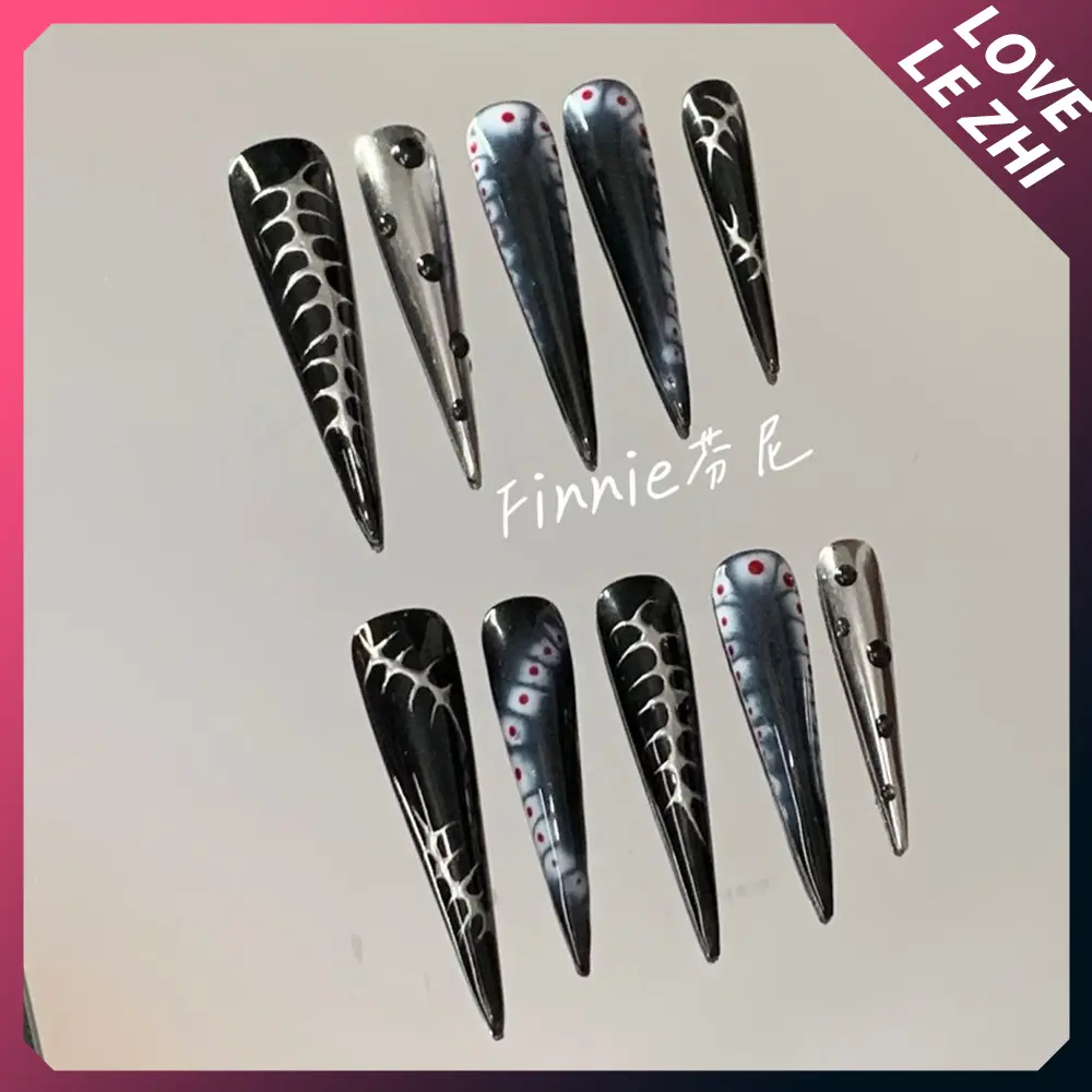 Y2K 10Pcs Long Coffin Tip Shaped Full Cover Art Nail Spice Girl Leopard Print Bowknot Shining Diamond Heavy Metal Fake Nails