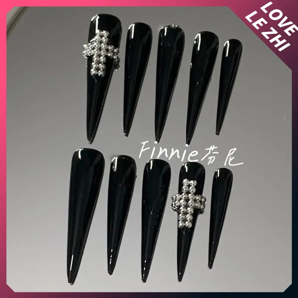 Y2K 10Pcs Long Coffin Tip Shaped Full Cover Art Nail Spice Girl Leopard Print Bowknot Shining Diamond Heavy Metal Fake Nails