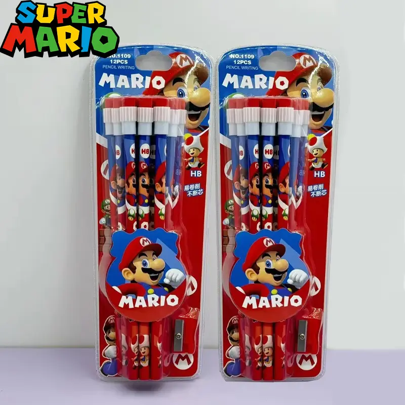 12pcs Super Mario Pencil with Pencil Sharpener for Students Anime Cartoon Figure Pencils Boys Girls Learning Stationery Supplies