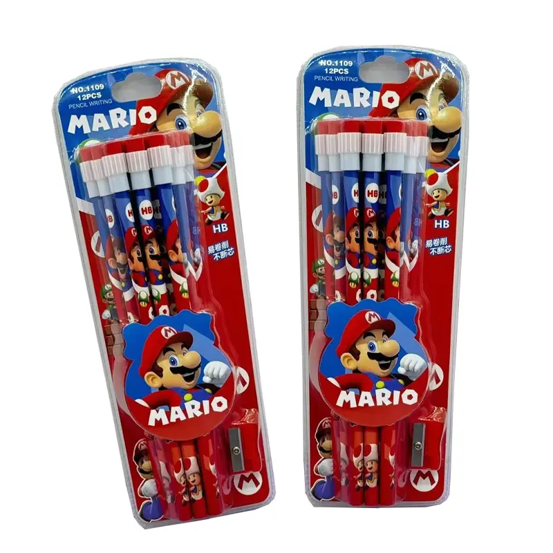 12pcs Super Mario Pencil with Pencil Sharpener for Students Anime Cartoon Figure Pencils Boys Girls Learning Stationery Supplies
