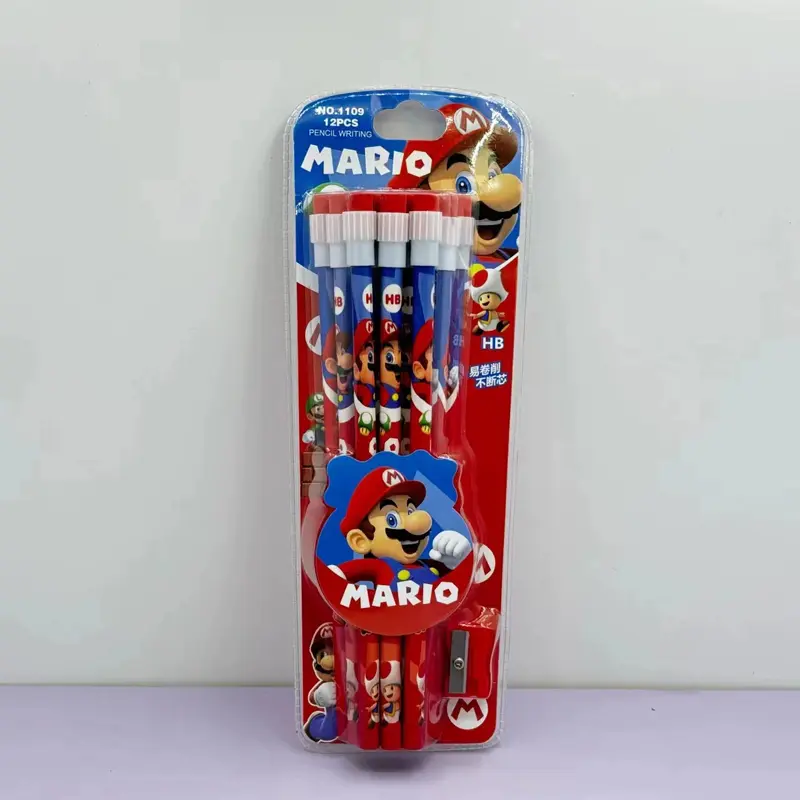 12pcs Super Mario Pencil with Pencil Sharpener for Students Anime Cartoon Figure Pencils Boys Girls Learning Stationery Supplies