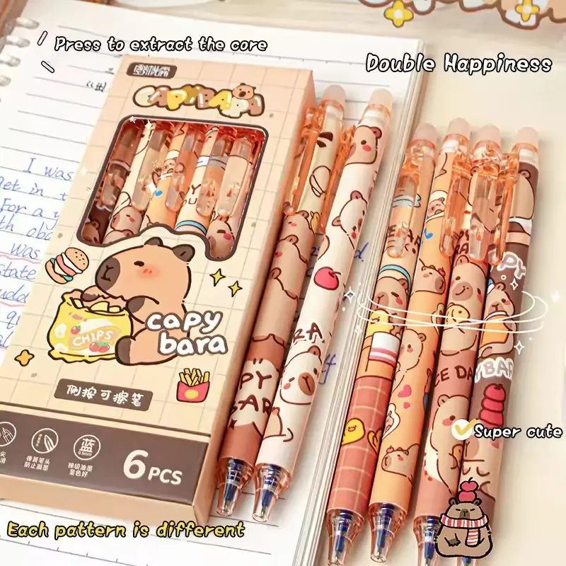 6Pcs Cute Capybara Gel Pens Pen Set Quickly-Drying Blue Erasable Pens Office School Supplies Kawaii Aesthetic Stationery