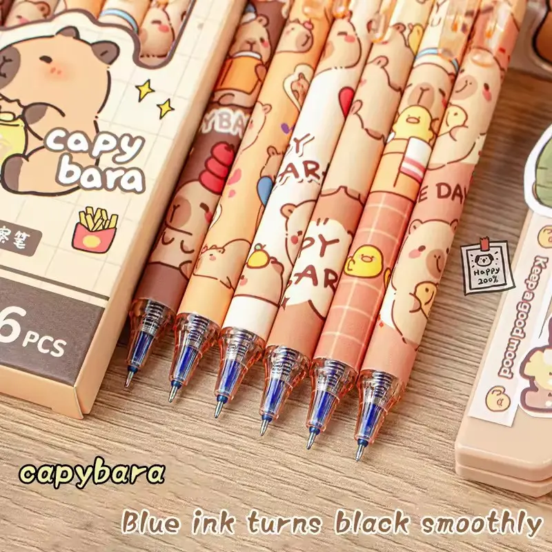6Pcs Cute Capybara Gel Pens Pen Set Quickly-Drying Blue Erasable Pens Office School Supplies Kawaii Aesthetic Stationery
