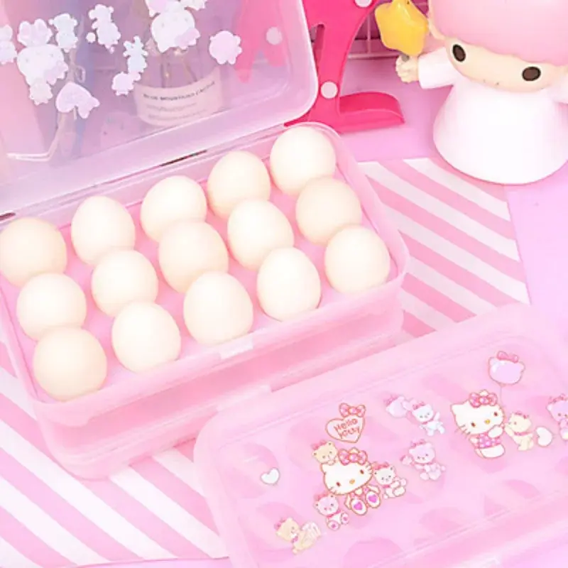 Hello Kitty 15 Grid Egg Storage Box Refrigerator Storage Organizer Cartoon Transparent Kitchen Egg Holder Egg Box Kitchen Gadget