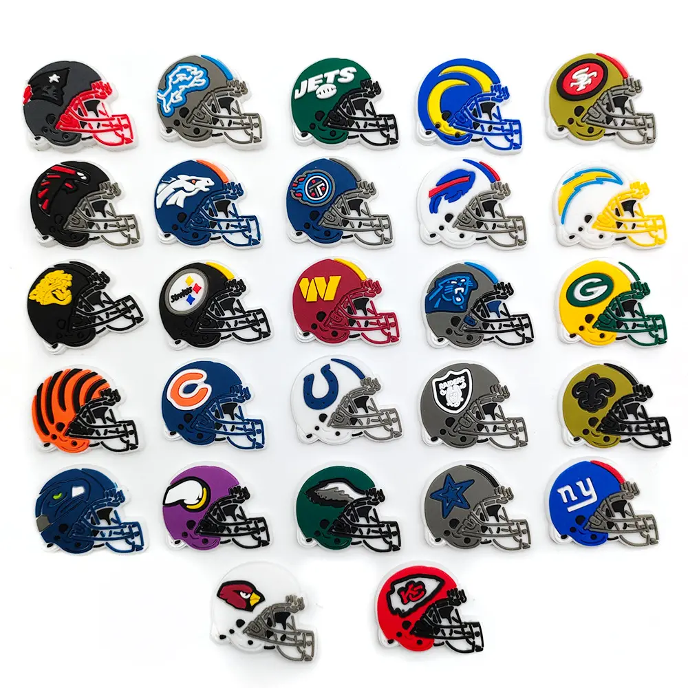 27Pcs Rugby Team Helmet Nfl Series Shoe Charms for Clogs Bubble Slides Sandals PVC Shoe Decorations Buckle Accessories for Kid