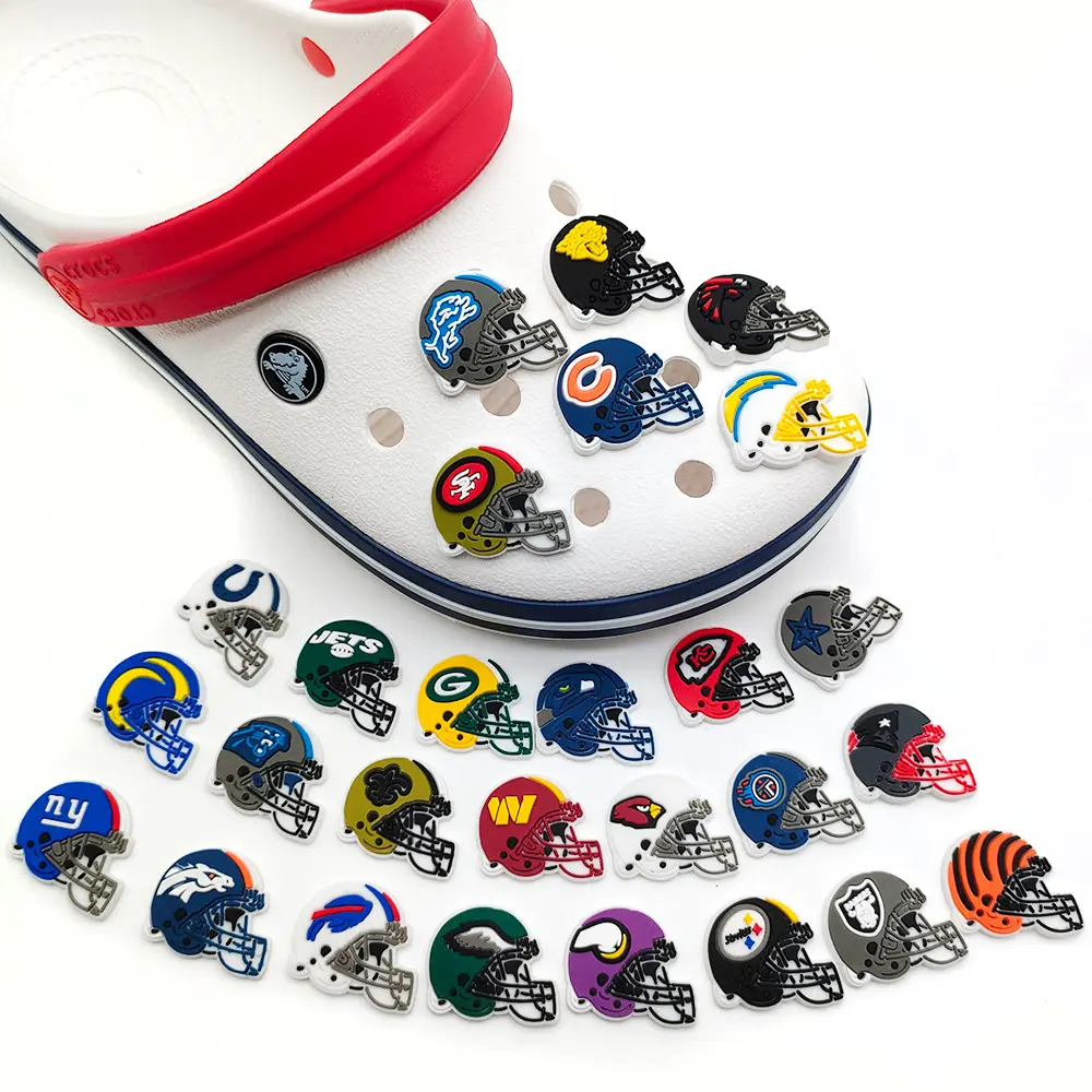 27Pcs Rugby Team Helmet Nfl Series Shoe Charms for Clogs Bubble Slides Sandals PVC Shoe Decorations Buckle Accessories for Kid