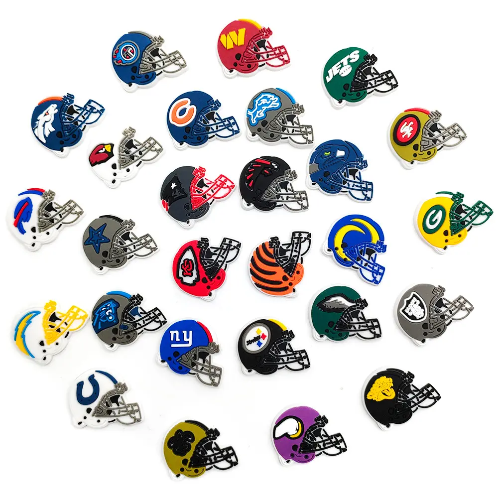 27Pcs Rugby Team Helmet Nfl Series Shoe Charms for Clogs Bubble Slides Sandals PVC Shoe Decorations Buckle Accessories for Kid