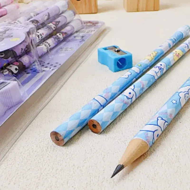 12Pcs Sanrio My Melody Wood Pencil HB with Rubber and Pencil Sharpener Cartoon Student Pencils School Student Stationery