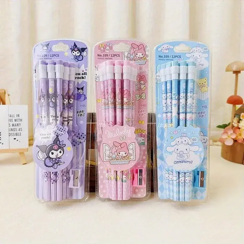 12Pcs Sanrio My Melody Wood Pencil HB with Rubber and Pencil Sharpener Cartoon Student Pencils School Student Stationery