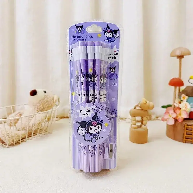 12Pcs Sanrio My Melody Wood Pencil HB with Rubber and Pencil Sharpener Cartoon Student Pencils School Student Stationery