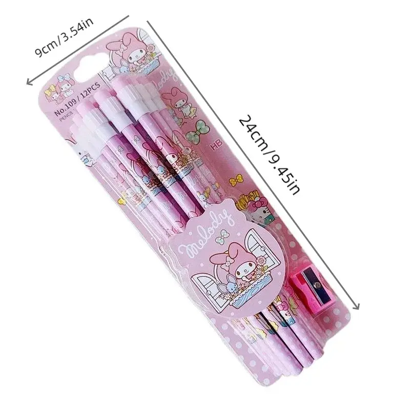 12Pcs Sanrio My Melody Wood Pencil HB with Rubber and Pencil Sharpener Cartoon Student Pencils School Student Stationery