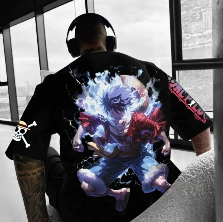 ONE PIECE Men's Loose Version Street Wear T-Shirt Anime Printed Skull Pattern Summer Cotton Casual Wear