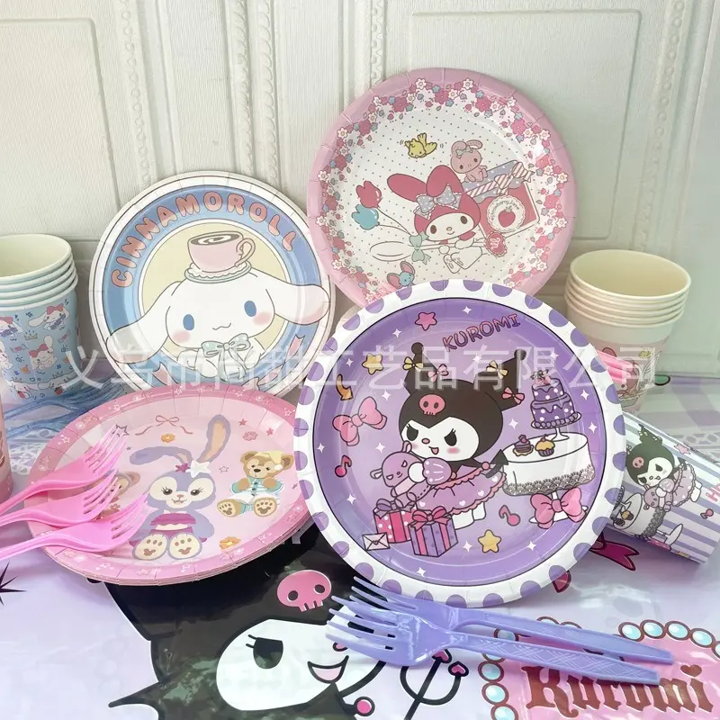 Sanrio Melody Kuromi Birthday Party Decoration Cartoon Plates Set of 10, Tablecloth, Birthday Decoration, Party Necessities