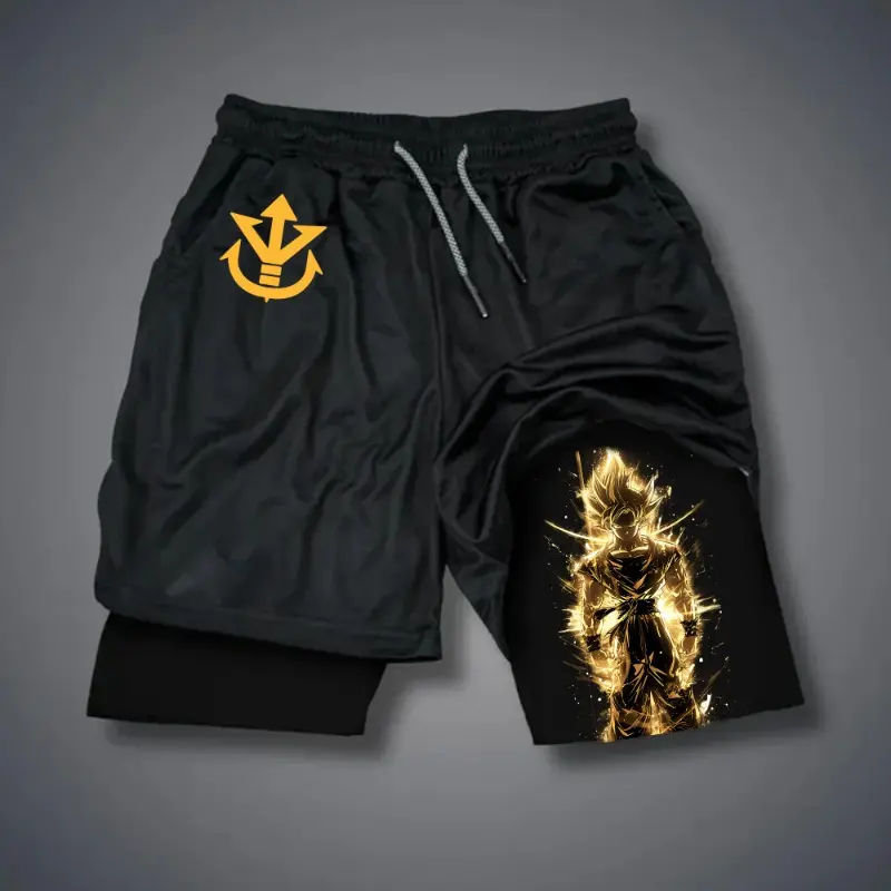 Goku Anime Running Shorts Men's Fitness Gym Training 2 in 1 Sports Shorts Quick Dry Workout Jogging Double Shorts