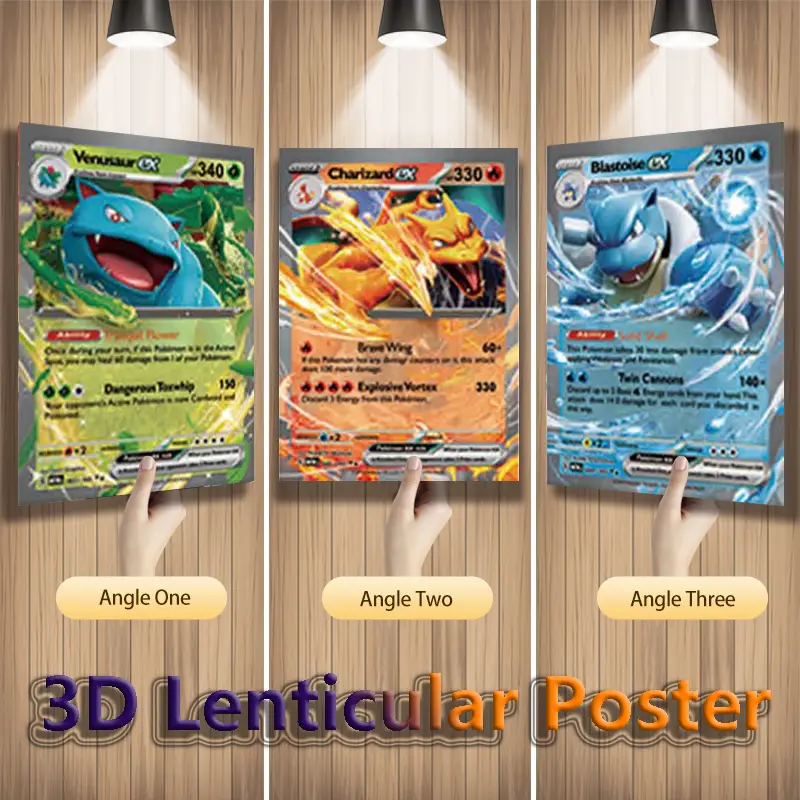 Anime Pokemon 3D Lenticular Poster Charizard Squirtle Bulbasaur amazing 3D Effects Wall Art Print(Without Frame)