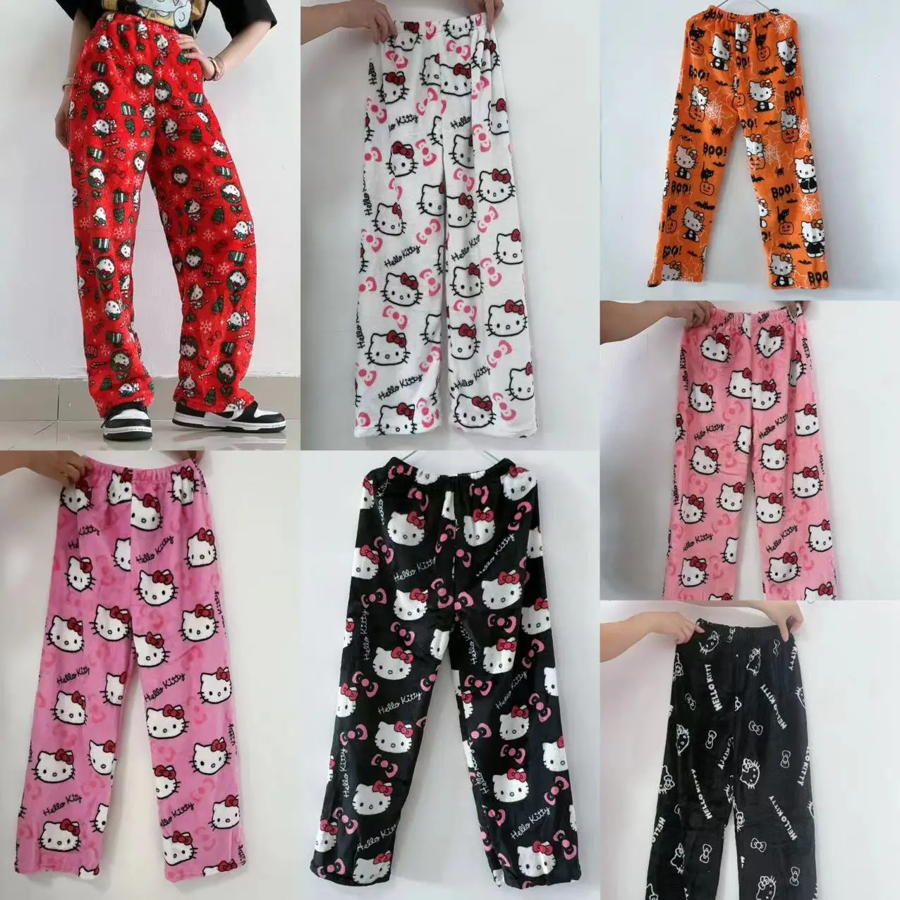 Sanrio Hello Kitty Anime Y2k Kawaii Flannel Pajamas Women'S Warm Woolen Cartoon Casual Home Pants Autumn Winter Fashion Trousers