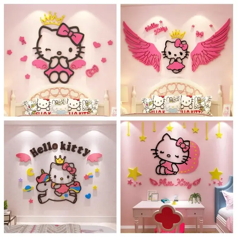 Sanrio Acrylic Wall Stickers Self-assembly Cartoon Painting Children Hello Kitty Room Decoration Bedside Cute 3D Stereo Sticker